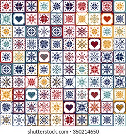 Set patchwork knitted with a New Year's snowflake motif. Christmas background.