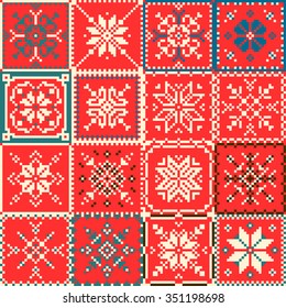 Set patchwork knitted with a New Year's snowflake motif. Christmas background.