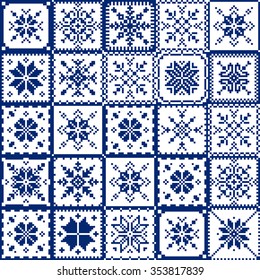 Set patchwork knitted with a New Year's snowflake motif. Christmas background.