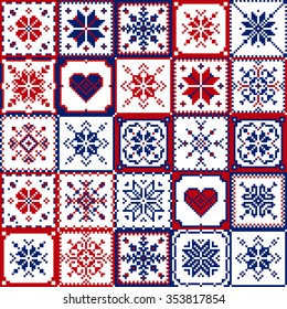 Set patchwork knitted with a New Year's snowflake motif. Christmas background.