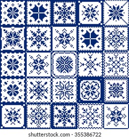 Set patchwork knitted with a New Year's snowflake motif. Christmas background. Patchwork Quilt. Festive pattern patchwork.  Vector pattern with cross stitch, knitting, patchwork.