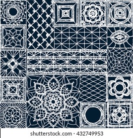 Set patchwork knitted with a New Year's snowflake motif. Knitted lace, lace pattern crochet, macrame. Floral seamless pattern with a knitted or woven macrame in boho style, Scandinavian motif