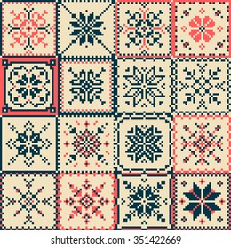 Set of patchwork squares knitted with a New Year's snowflake motif. Seamless Christmas background.