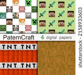 Set of pater backgrounds in craft game style. 8 bit skins of characters and game items in a game style. Vector illustration EPS 10.