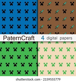 Set of pater backgrounds in craft game style. 8 bit skins of characters and game items in a game style. Vector illustration EPS 10.