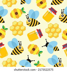 A set in a patern on the theme of honey, a jar of honey, hives, a swarm of bees, honeycombs, a bee