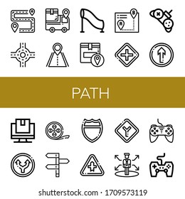Set von Pfadsymbols. z. B. Route, Funktion, Verfolgung, Straße, Tunnel, Schnittführung, Controller, Straight, Film Strip, Route, Highway, Entscheidung, Gamemcontroller , Pfadsymbole