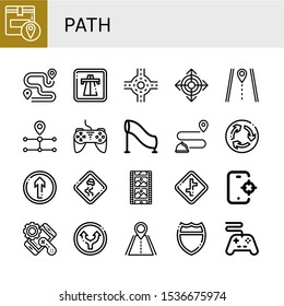 Set of path icons. Such as Tracking, Route, Highway, Junction, Direction, Controller, Tunnel, Roundabout, Straight, Slippery road, Film strip, Crossroads, Road , path icons
