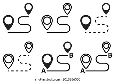 Set Of Path Route Icons. GPS Navigation, Roadmap, Distance, Route. Destination, Distance Measuring. Business Travel. Road From Point A To Point B. Start And End Journey. Vector Illustration.
