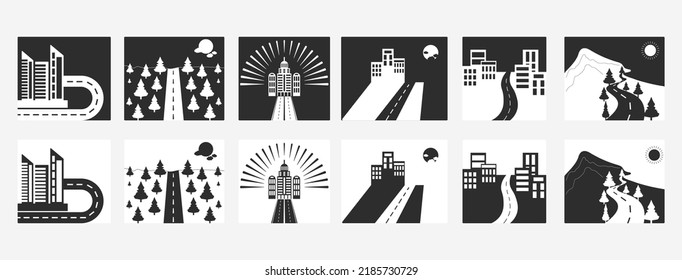 Set path from top view. Isolated asphalt highway. Straight route perspective, Speedway in black in flat design. Road sign. Vector