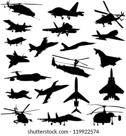 A set of paths of aircraft and helicopters. Black and white illustration.