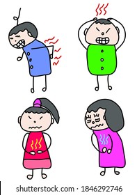 set of patient Back pain , Headache , period cramps doodle art