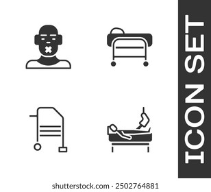 Conjunto de paciente con pierna rota, cabeza de sordos y mudos, Walker y Stretcher icono. Vector