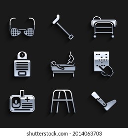 Set Patient with broken leg, Walker, Prosthesis, Braille, Identification badge, Intercom, Stretcher and Blind glasses icon. Vector