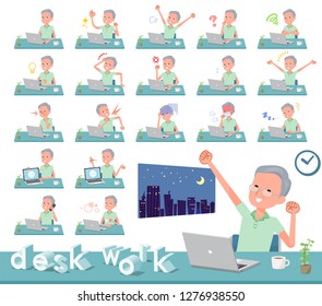 A set of patient old man on desk work.There are various actions such as feelings and fatigue.It's vector art so it's easy to edit.