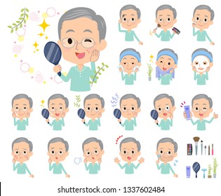 A set of patient old man on beauty.There are various actions such as skin care and makeup.It's vector art so it's easy to edit.
