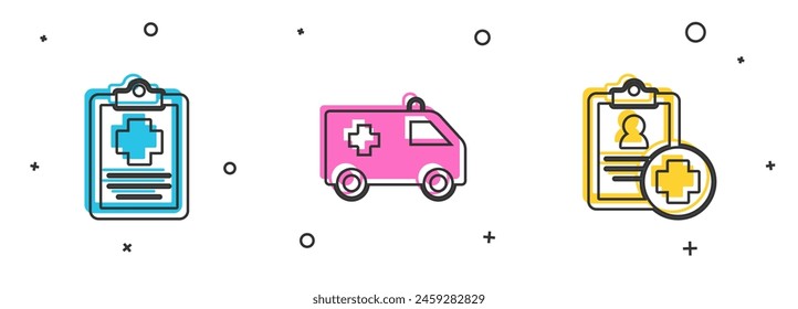 Patientenakte, Krankenwagen und Symbol festlegen. Vektorgrafik
