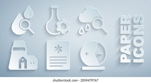 Set Patient record, Cloud with rain, Power station plant, Atom, Test tube and Drop and magnifying glass icon. Vector
