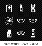 Set Patient record, Digital thermometer, DNA symbol, Medicine bottle and pills, Medical protective mask, Antibacterial soap, Crossed bandage plaster and  icon. Vector