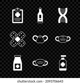 Set Patient record, Digital thermometer, DNA symbol, Medicine bottle and pills, Medical protective mask, Antibacterial soap, Crossed bandage plaster and  icon. Vector