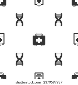 Set Patient record, First aid kit and DNA symbol on seamless pattern. Vector