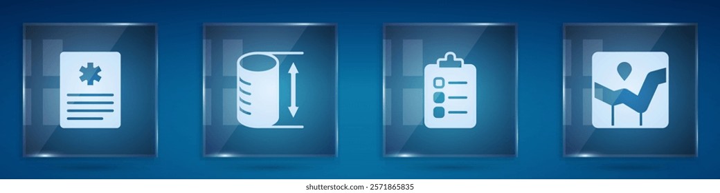 Set Patient record, Height geometrical figure, To do list planning and Graph chart infographic. Square glass panels. Vector