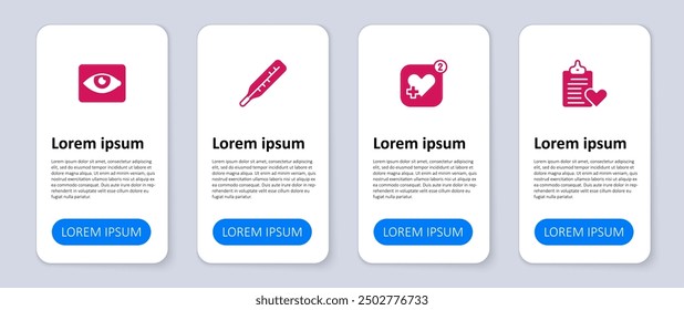 Establecer el registro del paciente, móvil con frecuencia cardíaca, termómetro médico y efecto de ojos rojos. Plantilla de infografía de negocios. Vector