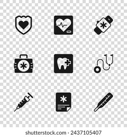 Set Patient record, Stethoscope, Medical thermometer, Dental clinic location, Smart watch with heart, Immune system, Heart rate and First aid kit icon. Vector