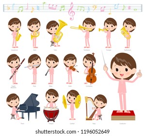 A set of Patient women on classical music performances.There are actions to play various instruments such as string instruments and wind instruments.It's vector art so it's easy to edit.