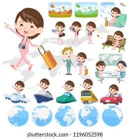 A set of Patient women on travel.There are also vehicles such as boats and airplanes.It's vector art so it's easy to edit.