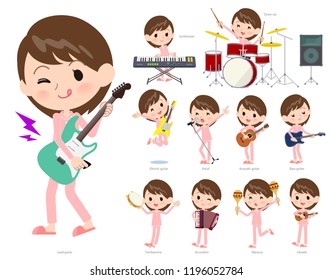 A set of Patient women playing rock 'n' roll and pop music.There are also various instruments such as ukulele and tambourine.It's vector art so it's easy to edit.