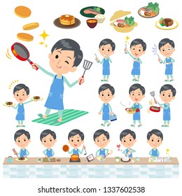 A set of patient young man about cooking.There are actions that are cooking in various ways in the kitchen.It's vector art so it's easy to edit.
