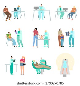 Conjunto de pacientes que visitan diferentes médicos para procedimientos de diagnóstico y examen. Ilustración vectorial al estilo de las caricaturas.