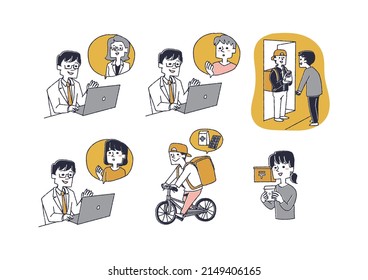 A set of patients who receive medicine delivery at home after online medical treatment Comical handwritten person vector, line drawing