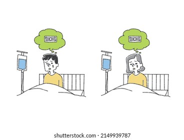 A set of patients who are worried about hospitalization costs Comical handwritten person Vector, line drawing and color