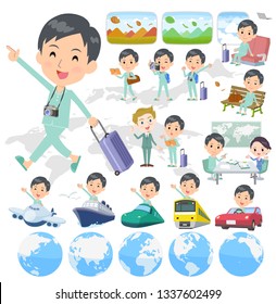 A set of patients, young man on travel.There are also vehicles such as boats and airplanes.It's vector art so it's easy to edit.
