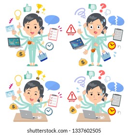 A set of patients, young man who perform multitasking in the office.There are things to do smoothly and a pattern that is in a panic.It's vector art so it's easy to edit.
