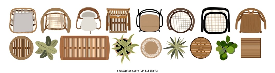 Set of patio furniture top view icons.