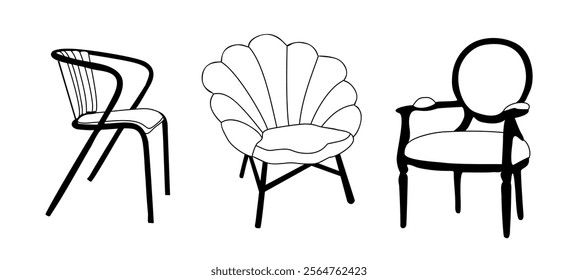 Set of patio, outdoor, garden, terrace chairs, armchairs. Interior design elements. Vector hand drawn outline sketch illustrations isolated on white background