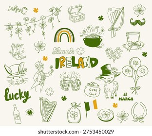 Set of Patrick Day illustration images in doodle style Design elements for Patrick Day celebrations, green hats, beer, rainbow, clover leaf and much more