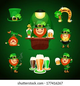 Set of Patrick poses and St. Patrick's Day's symbols. In the EPS file, each element is grouped separately.