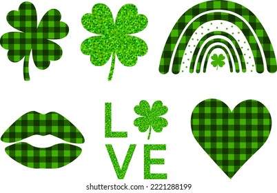 Set Patrick's day buffalo plaid glitter vector illustration	