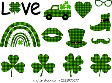 Set Patrick's day buffalo plaid glitter vector illustration