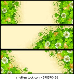 Set of Patrick's Day Horizontal Banners. Festive Frames with Green Shamrock, Flowers of Clover and Leprechaun Gold. Vector Illustration