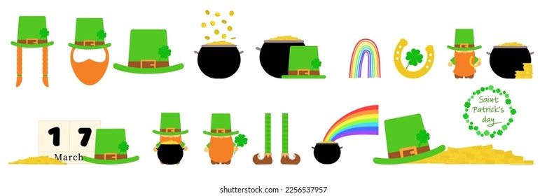 Set of Patrick's Day isolated elements. Leprechaun, leg, horseshoe, shamrock, rainbow, cauldron with coins, calendar, hat. Vector illustration.