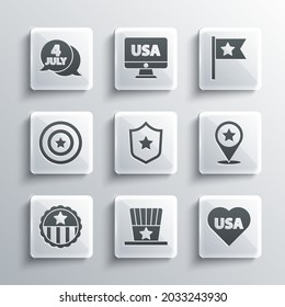 Set Patriotic American top hat, USA Independence day, Police badge, Medal with star, shield,  and flag icon. Vector