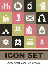 Set Patriotic American top hat, Rocket launch from the spaceport, Grand canyon, Soda with straw, Cowboy boot, Movie clapper, Golden gate bridge and Flag Confederate icon. Vector