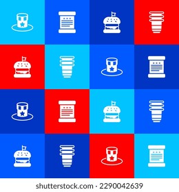 Set Patriotic American top hat, Declaration of independence, Burger and Paper glass icon. Vector