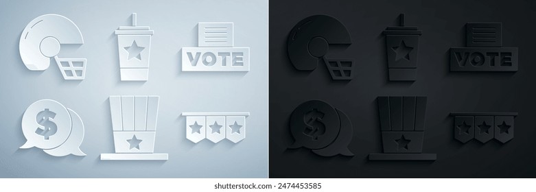 Set Patriotic American top hat, Vote box, Coin money with dollar, Carnival garland flags, Paper glass straw and football helmet icon. Vector