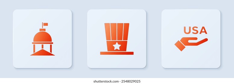 Set Patriotic American top hat, White House and USA Independence day. White square button. Vector